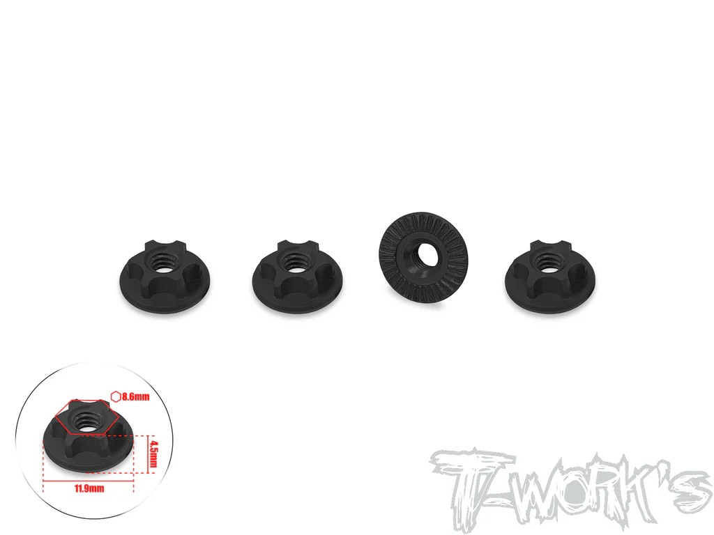 T-Works - Alu Muttern - geriffelt - ultra light weight - 11.9mm Fläche - Schwarz (4 Stück)