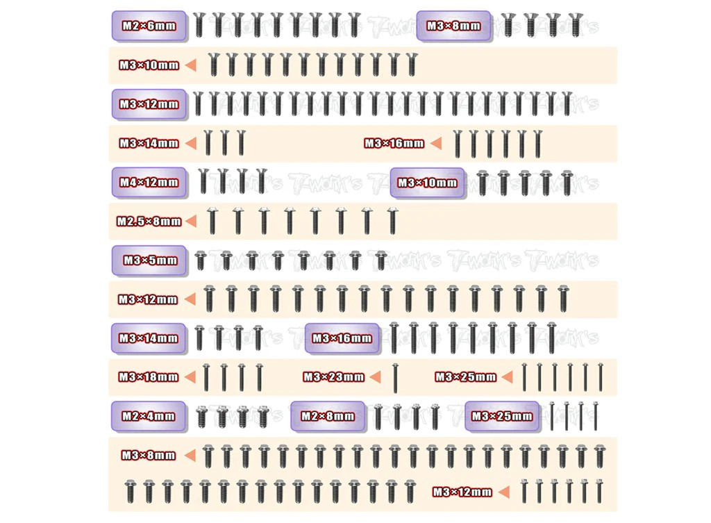 T-Works - 64 Titan Oberteil & Getriebe Schraubenset (UFO Kopf) - für Mugen MBX8R (180 Stück)