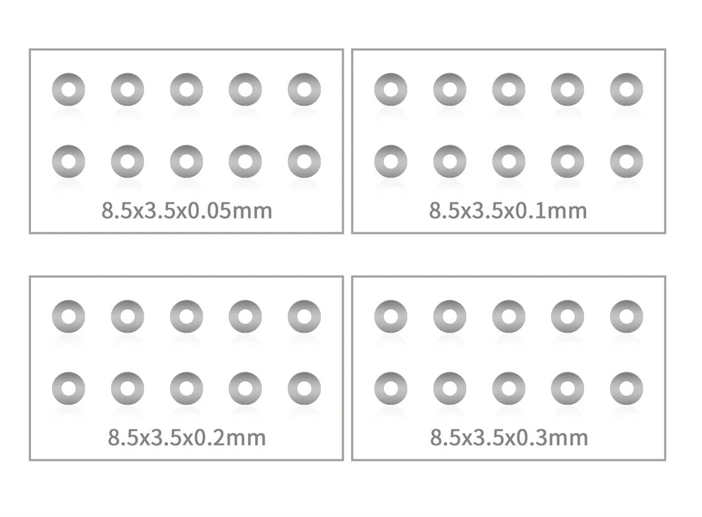 T-Works - Zehntelscheiben - 8.5x3.5mm - 0.05 / 0.1 / 0.2 / 0.3mm (je 10 Stück) inkl. Dose