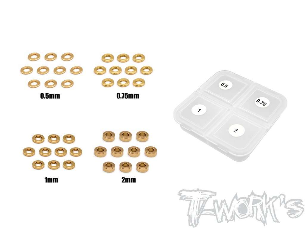 T-Works - Messing Shims - 3x6mm - 0.5 / 0.75 / 1.0 / 2.0mm (je 10 Stück) + Dose