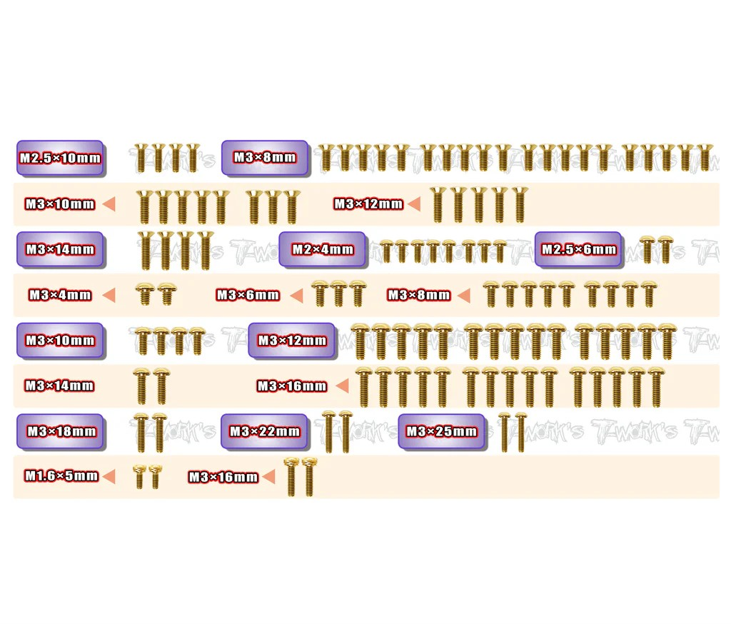 T-Works - Stahl Schraubenset Gold - für Asso RC10 B7/B7D (111 Stück)