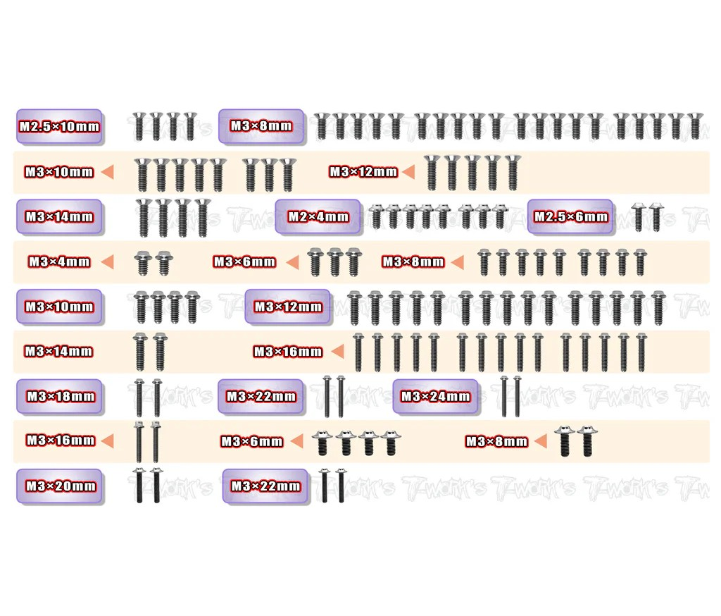 T-Works - 64 Titan Schraubenset (UFO) - für Asso RC10 B7/B7D (119 Stück)