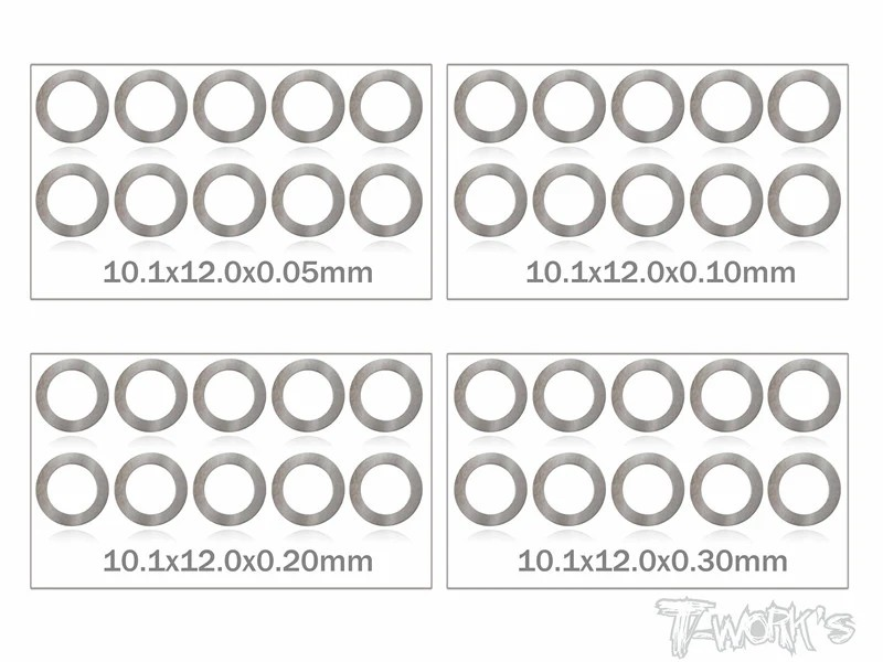 T-Works Zehntelscheiben - 10x12.0mm - 0.05 / 0.1 / 0.2 / 0.3mm (je 10 Stück) inkl. Dose