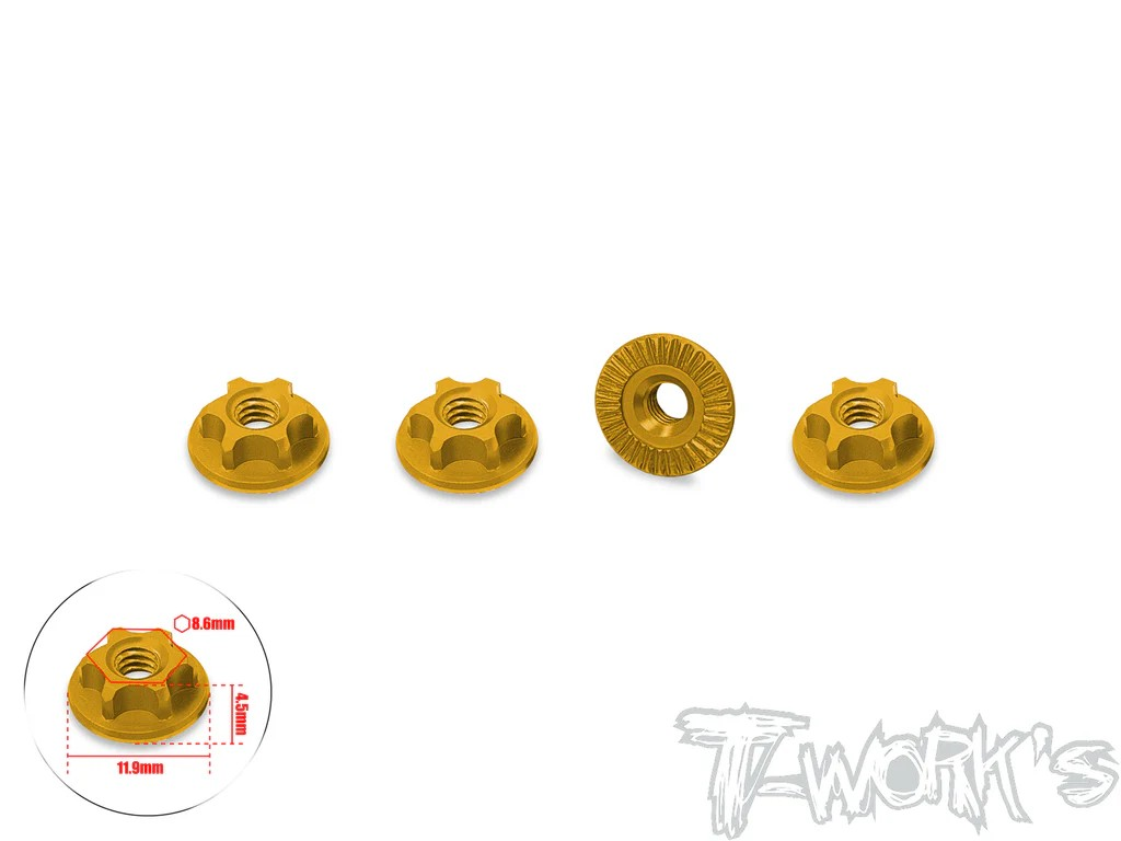 T-Works - Alu Muttern - geriffelt - ultra light weight - 11.9mm Fläche - Gold (4 Stück)