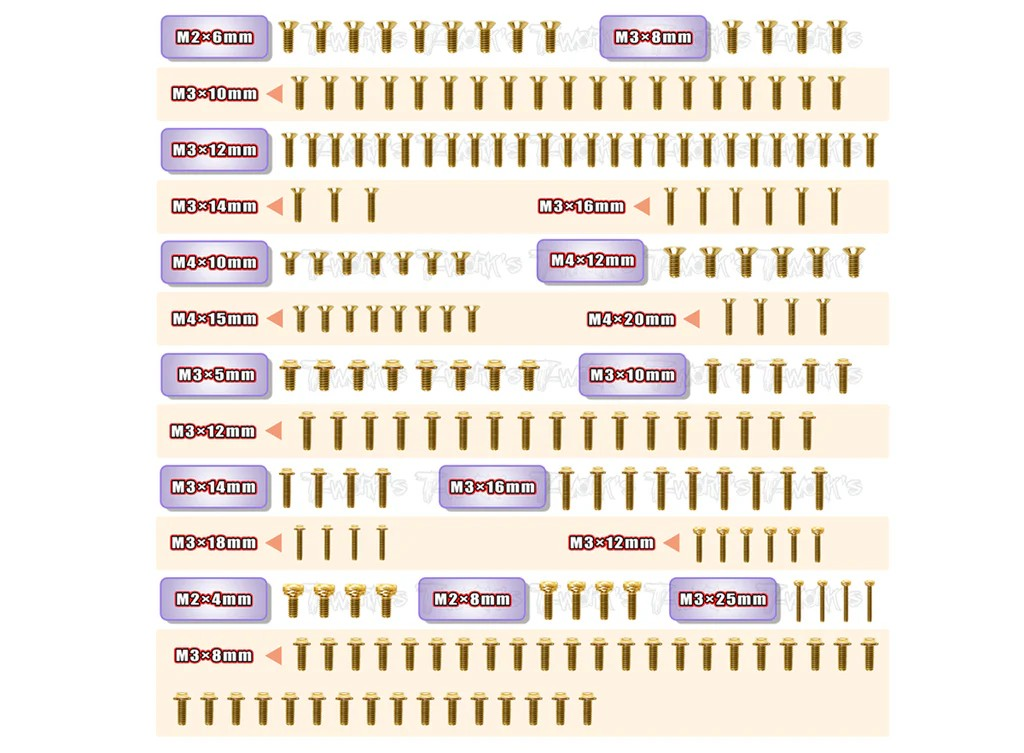 T-Works - Stahl Schraubenset Gold (UFO Kopf) - für Mugen MBX8R (195 Stück)
